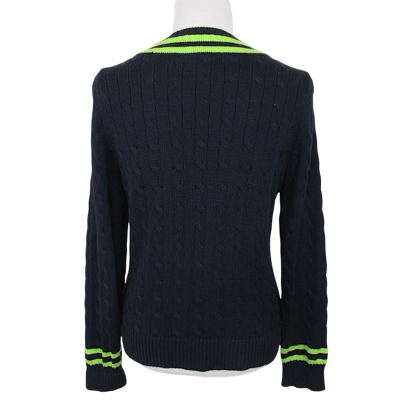 RALPH LAUREN Vintage Navy Blue V-Neck Cable Knit Tennis Sweater Women Size Large - Picture 2 of 13